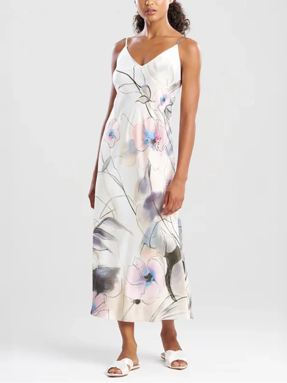 Natori White Satin Floral Slip Midi Dress with Pastel Accents